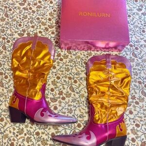 Pink and Gold Heeled Cowboy Boots